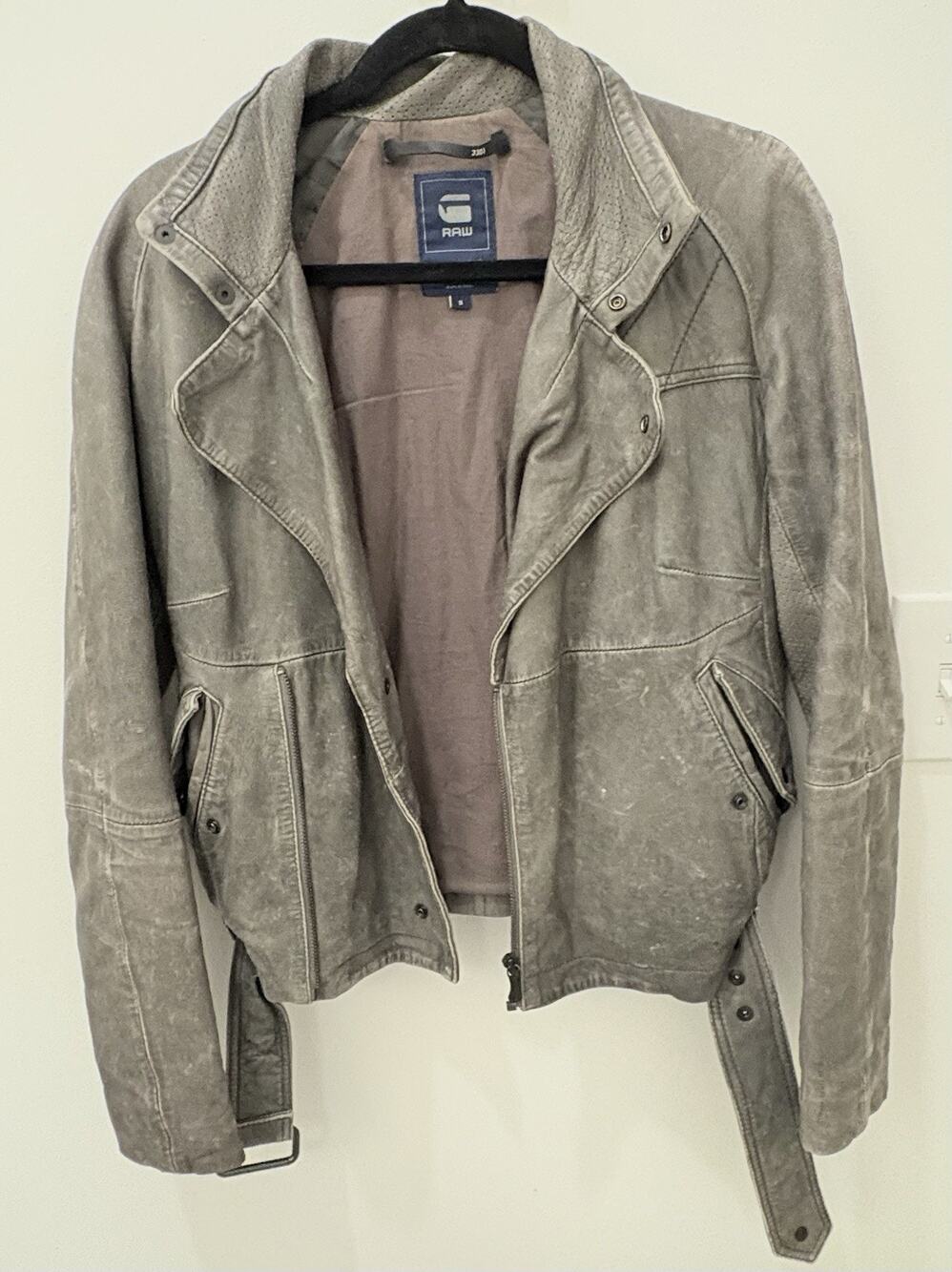 Vintage G-Star RAW Women's Lambskin Leather Biker Jacket Gray Small Grunge Core
